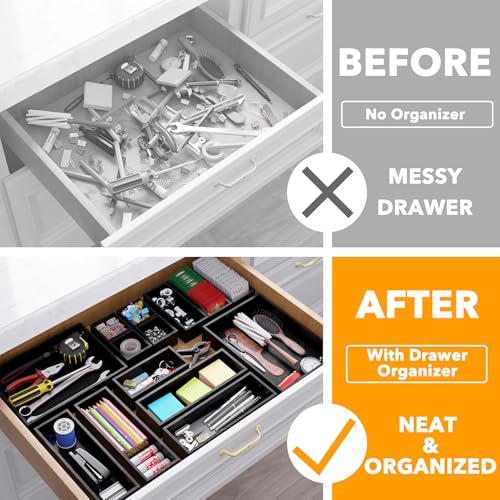 SpaceAid 14-Piece Bamboo Drawer Organizer Storage Boxes Set, Wood Tray Junk Drawer Organizers Multi-Use Divider Bins for Kitchen, Bathroom, Office Desk and Makeup Organization (14 Pack, Black) - color: Black