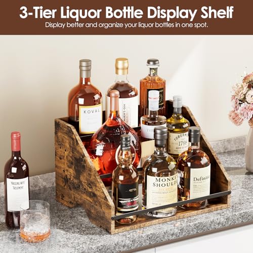 Nuovoware Liquor Bottle Display Shelf, Coffee Syrup Organizer, 3 Step Countertop Liquor Wine Rack, Home Retro Shelf Stand for Mini Bar, Cabinet, Bar Essentials for Whiskey, Spirits, Wooden - color: Wooden, size: 3 Tier