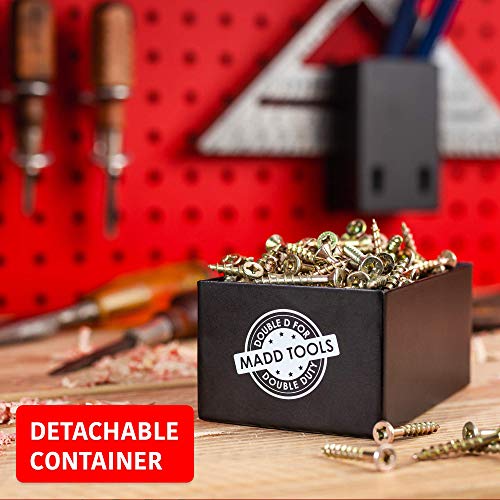 Tape Measure Holder for Pegboard - Includes Pencil Box and Carpenter Square Triangle Holder – Black Pegboard Organizer Accessories with Heavy Duty Peg Board Hooks - 16 Gauge Steel