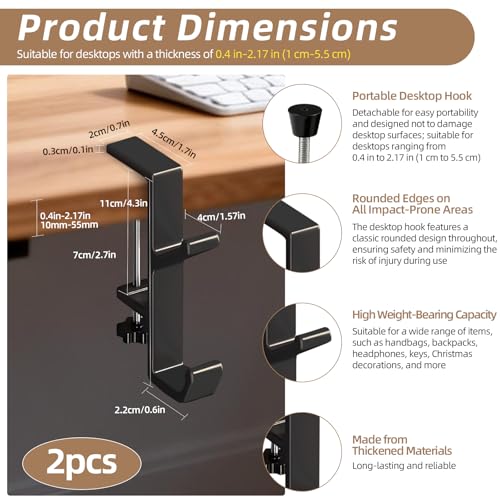 Desk Mount Bag Holder Hook Clamp,On Backpack Hanger Portable Desk Mount Headphones Holder for Reduce Desk Clutter Table Desk Table Hanging Storage(2 Pcs-Double Hook Black) - color: 2 Pcs-Double Hook Black