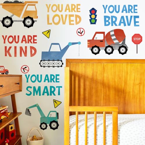 Runtoo Construction Wall Decals for Boys Bedroom Boho Inspirational Quotes Truck Vehicles Wall Stickers Toddler Kids Room Classroom Wall Decor