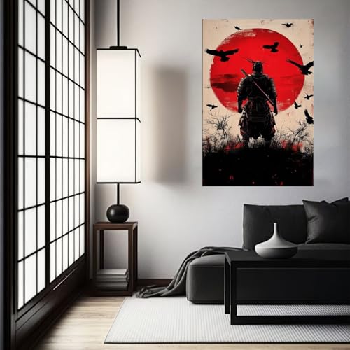 Japanese Samurai Wall Art for Living Room Bedroom Home Decorations Red Sun and Samurai Picture Poster Framed Artwork Canvas Prints Ready to Hang(12''W x 16''H) - color: samurai art-11, size: 12"L x 16"W