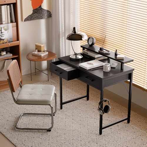 Pamray 32 Inch Small Computer Desk with Monitor Stand Home Office Desks with 2 Drawers for Bedroom Study Writing and Work Table for Small Spaces Black - color: Black
