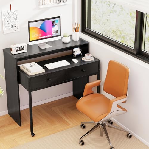 Tangkula Extendable Computer Desk with 2 Storage Drawers, Convertible Home Office Desk with Monitor Shelf, Metal Frame & Lockable Wheels, Rolling Study Writing Desk (Black) - color: Black