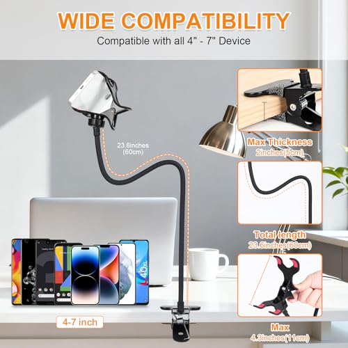 Gooseneck Phone Holder for Desk,Clip On Phone Holder for Bed,Flexible Long Arm Lazy Bracket,Cell Phone Stand Mount with Clamp for iPhone 16 Pro Max 15 14 13 X SE Series,for All 4"-7" Cellphone
