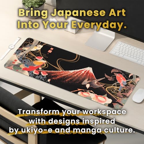 BELLEMOND Japanese Art Desk Mat | Large 31.5x11.8in Anime Mouse Pad for Keyboard & Mouse | Non-Slip Base, Water-Repellent | Original Japanese Design | Crimson Wings Over Fuji - color: Crimson Wings Over Fuji