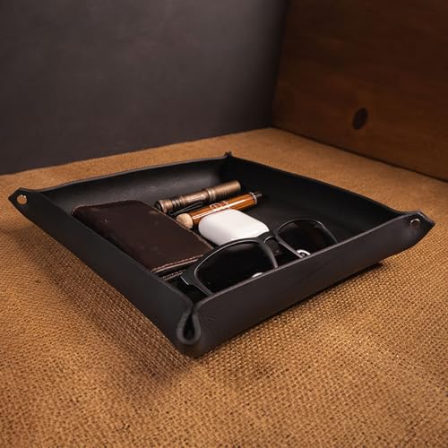 Valet Tray – Full-Grain Leather Catchall Organizer for Keys, Phone & Wallet – Rustic Nightstand & Desk Tray with Raised Sides – Handmade in USA (Black, Medium Square) - color: Black, size: Medium Square