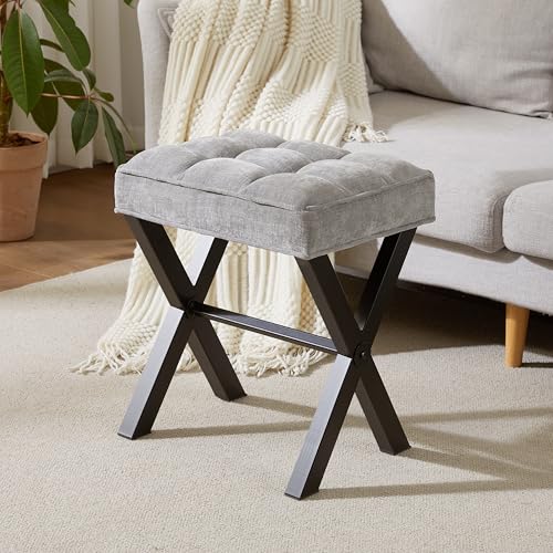 Royal Windsor Vanity Stool,Square Ottoman Stool Foot Rest,Upholstered Vanity Chair Foot Stool with Metal X Legs, Small Vanity Seat for Entryway,Bedroom and Living Room,Linen Light Grey - color: 12.6"d Light Grey+black