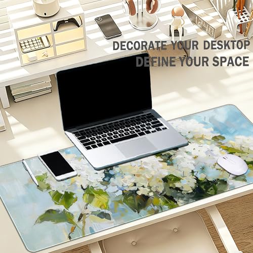 Hydrangea Decor Mouse Pad Flroal Desk Mat, Summer Flower Mouse Pad for Desk Large, Blue and White Long Desk Matt Aesthetic, Girly Office Accessories Hydrangeas Gifts for Women 31.5x11.8 - color: Summer Hydrangea, size: 31.5L x 11.8W inches