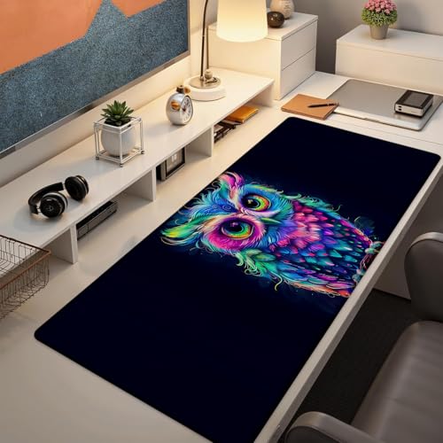 Cute Owl Gaming Mouse Pad, Large Office Desktop Mousepad for Computer Laptop, Extended Work Desk Mat with Anti-Slip Base, Decorative Desk Pad 31.5×11.8 in (Vibrant Neon Owl)