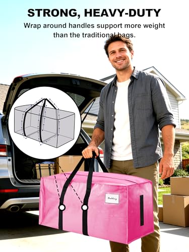 HOMESURE Supports 200lbs Heavy Duty Moving Bags - Strong Zipper & Wrap-Around Handles - Water-Resistant Storage Totes, Durable Alternative to Moving Boxes - 8 Pack - Pink - color: Pink