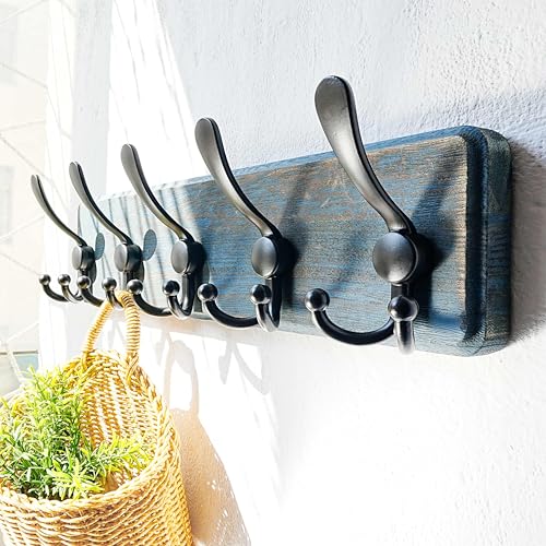 Dseap Coat Rack Wall Mount - Heavy-Duty Robust Barnwood-Style Wooden Wall Coat Hanger Hook Rail with 5 Triple Hooks for Winter Coats Hat Jacket Clothing, Weathered Blue & Black - color: Weathered Blue & Black, size: L=17.4"