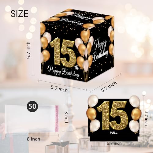VIVORA 15th Birthday Money Box for Cash Pull, Happy Birthday Black Gold Boxes Gifts for Money Pull Out Card, 50Pcs Transparent Bags - color: Blackgold15th