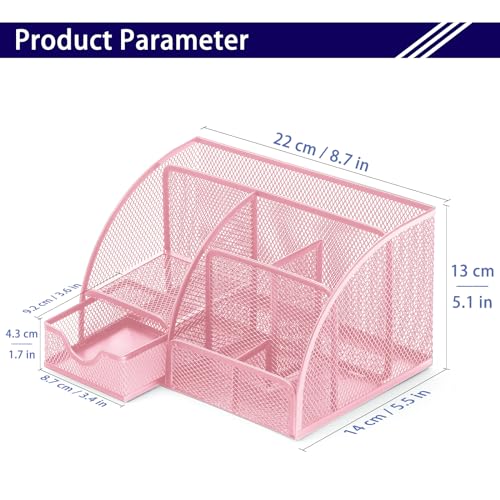 Boutilon Mesh Desk Organizer Desktop Office Supplies Stationary Organizer with 6 Compartments and 1 Drawer Multi-Functional Caddy Pen Holder for Home Office School Desk Decor(Pink) - color: Pink