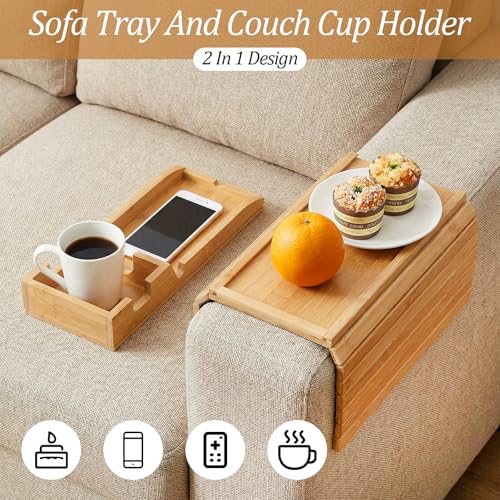 1 Pc 3 in 1 Couch Cup Holder Tray, 4.7X12.6Inch Couch Armrest Table Anti-Slip Sofa Armchair Caddy Table Couchs Arm Tray with Detachable Cup Holder Foldable Sofas Trays for Drinks Cellphone Snacks