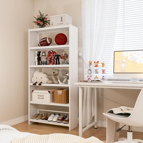 5 Tiers Metal White Bookshelf - 69.3" Tall Bookcase, Display Storage Shelves with Bookend, Heavy Duty Steel Bookshelves for Living Room, Bedroom, Study (White) - color: White-5 Tier