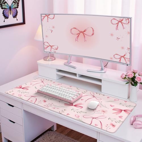iCasso Pink Desk Mat,Cute Desk Pad for Women,Girly Bow Mousepad with Stitched Edges,Non-Slip Large Computer Mat for Study Gaming Home Office - color: Pink Flower Bow