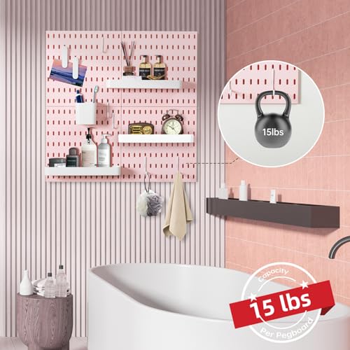 VUSIGN Pegboard Combination Wall Organizer Kit, 4 Pieces Pegboards and 17 Accessories Modular Hanging, Wall Mount Display Peg Board Panel Kits for Bedroom, Home, Office, Bathroom, 22" x 22", Pink - color: Pink2 - 4 Pieces