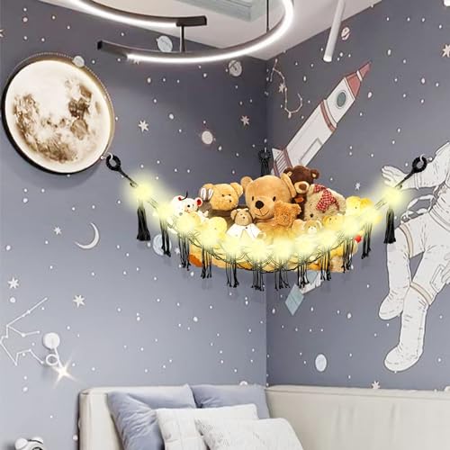 CERETIA Stuffed Animal Hammock with LED Light, Large Stuffed Animals Storage Corner Plushie Net for Kids Room Decor, 2 Packs Black - color: Black, size: Large-(Package of 2)
