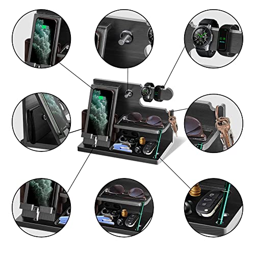 Gifts for Men Bedside Organiser Wood Phone Docking Station Dad Birthday Gifts for Him Nightstand Key Wallet Watch Stand Mens Gifts for Xmas Presents for Dad Husband Boyfriend Anniversary & Christmas - color: Black-5