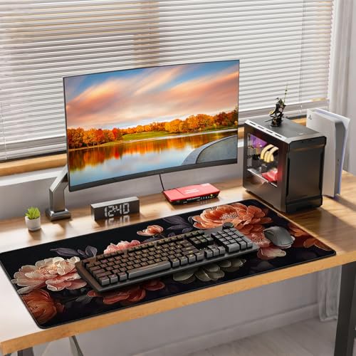 Extended Mouse Pad, Elegant Peony Floral Design, 35.4 x 15.7 Inch, Microfiber Surface, Non-Slip Base, Waterproof, Black with Coral and Cream Flowers - color: Floral Peony Design