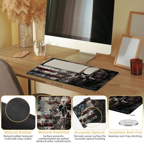 American Flag Skull Desk Mat Large Mouse Pad Gaming Mousepad 31.5 x 15.8 in | Desk Pad for Keyboard and Mouse, Large Non-Slip Rubber Base Mousepad Desk Mat with Stitched Edges for Gaming Office - color: American Flag Skull