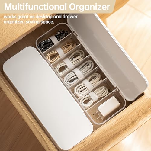 PAVSTINE Cable Organizer Storage Box with 7 Wire Ties,Desktop Cable Management Box with Lid,Power Cord Organizer with 7 Compartments for Office,Home,Desk Accessories Storage Stationery Supplies White