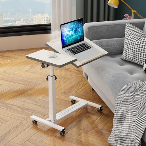 TigerDad Over Bed Table with Wheels Adjustable | Rolling Laptop Table Overbed Desk Hospital Tray Table Sofa Chair Side Table for Home Office (White) - color: White