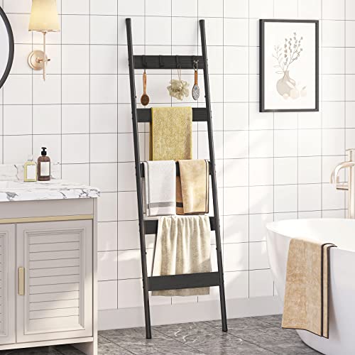 HOOBRO Blanket Ladder, 5-Tier Towel Rack with Hooks, Wall-Leaning Blanket Rack, Decorative Display Ladder Shelf, Scarves, Industrial, Living Room, Bedroom, Black BB52CJ01 - color: Black + Black, size: 17.3"L x 63"W