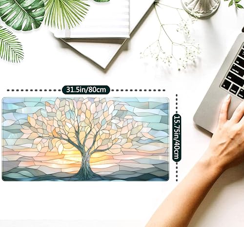 Desk Mat Cute Tree of Life Mouse Pad Gaming XXL Large Extended Desk Matt for Desktop, Faux Stained Glass Pastel Desk Pad, Laptop Computer Keyboard Mouse Mat, Office Decor Deskamt, 31.5x15.75 in - color: Blue Tree of Life