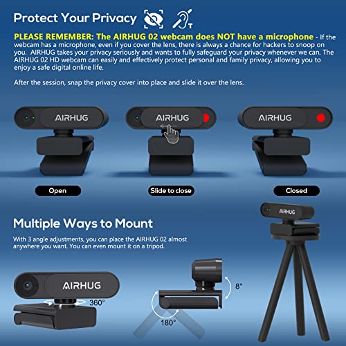 AIRHUG Webcam No Mic with Privacy Cover, USB Web Cam for Computer and Laptop Plug & Play, Web Camera Without Audio, 78° Wide-Angle,for Streaming and Conferencing (2K Webcam No Mic) - style: 2K Webcam No Mic