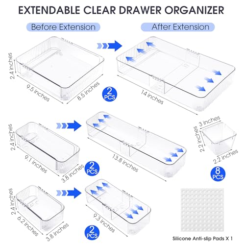 Aneco 14 Pieces Extendable Clear Drawer Organizer Adjustable Vanity Storage Box 4-Size Desk Drawer Divider Acrylic Storage Bins for Makeup, Cosmetic, Jewelries, Bedroom Kitchen Utensils Gadgets