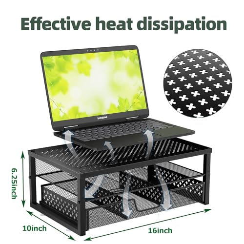 Simple Trending Metal Monitor Stand Riser and Computer Desk Organizer with Drawer for Laptop, Computer, iMac, Black