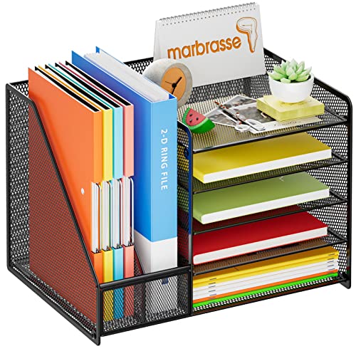 Marbrasse Desk Organizer with File Holder, 5-Tier Paper Letter Tray Organizer, Mesh Desk Organizers and Accessories with Magazine Holder, Desktop Storage for Office Supplies (Black) - color: Desk Organizer with File Holder No Drawer