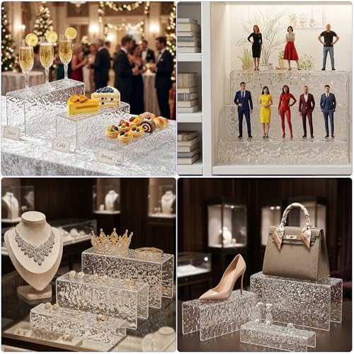 3 Pcs Clear Acrylic Display Stand with Crystal Texture, 4.5mm Thick Premium Acrylic Riser Set for Jewelry, Desserts, Handbags & Collectibles, Multi-Size Display Holder for Party & Home Decor