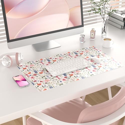 Colorful Star Large Mouse Pad, Watercolor Floral Desk Mat Office Supplies, Waterproof Faux Leather Big Gaming Mousepad for Women Girls, Flowers Desk Pad Home Office Décor Accessories 23.6" x 13.8" - color: Wildflowers, size: 23.6L x 13.8W inches