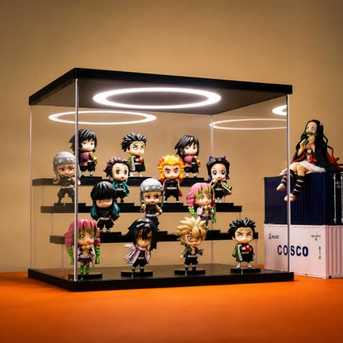 Acrylic Display Case with Adjustable LED Light, 4 Tier Clear Display Box Dustproof Showcase for Action Figures, Collectibles and Mini Toys, Assembly Display Cabinet(Black 12.5×9.5×10.4in) - color: Black, size: 4 Tier 12.5×9.5×10.5in