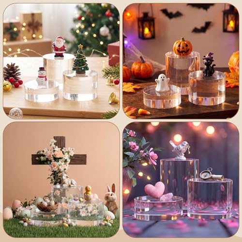 Geelin 6 Pcs Acrylic Risers Stand Display Block Decor Riser 3 Size Decor Clear Polished Cube Solid Pedestal Stand for Jewelry Perfume Photography Collection Food Doll Wedding High Density (Round) - style: Round