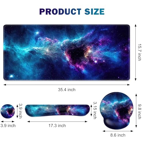 Gaming Mouse Pad, Large Desk Mat, Cute Desk Pad Protector, 4in1 XXL Mousepad + Keyboard Wrist Rest+Mouse Wrist Rest+Coaster Set with Ergonomic Desk Pad for Home Office Table Computer, Galaxy Space - color: Galaxy Space
