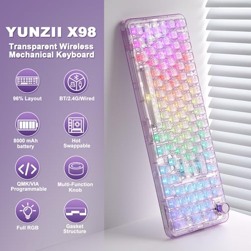 YUNZII X98 QMK/VIA Wireless Mechanical Gaming Keyboard with Knob,Tri-Mode BT5.0/USB-C/2.4GHz Hot Swappable Keyboard,Pre-lubed Switches Gasket Mount RGB Backlit for Wins/Mac (Purple, Crystal Switch) - color: Purple, size: Crystal Switch