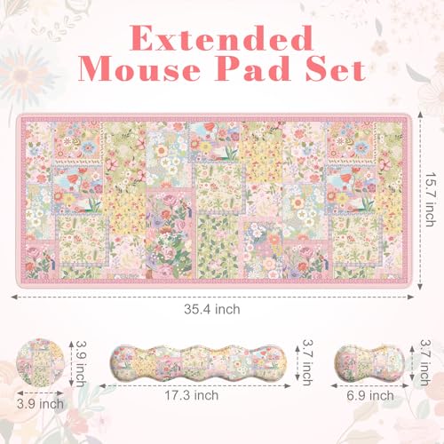 iLeadon Cute Floral Desk Mat Set, Non Slip Mouse Pad with Wrist Support, Wrist Pad for Keyboard, Desk Mat with Wrist Rest, Ergonomic Mouse Pad Set for Women Home Office (Pink) - color: Pink
