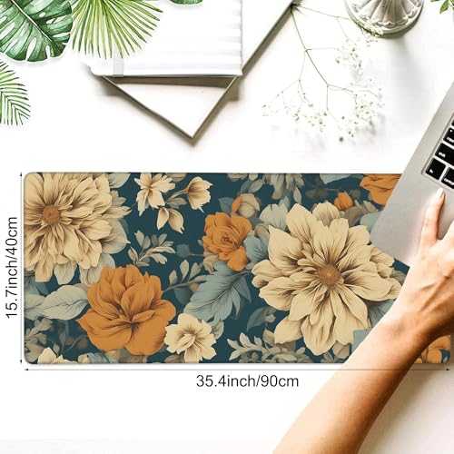 Desk Pad, Vintage Aesthetic Flower XXL Gaming Mouse Pad with Stitched Edges,Non-Slip Waterproof Rubber Base Large Desk Mat for Keyboard and Mouse 35.4"x15.7" - color: Colour1, size: 35.4" x 15.7"