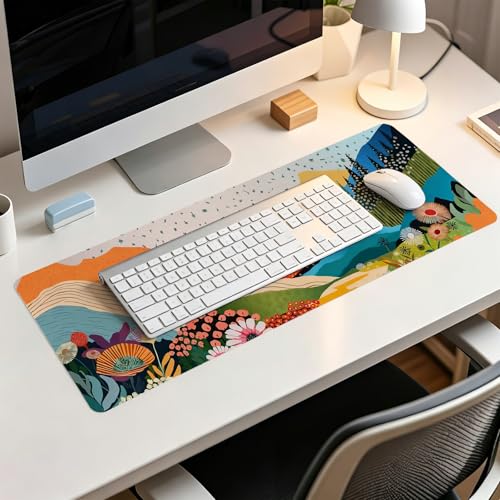 Abstract Colorful Boho Mountain Wildflower Mouse Pad,Aesthetic Nature Landscape Desk Mat,Spring Summer Botanical Forest Mousepad for Home Office Dorm Desktop Decor,31.5x11.8 Inch - color: Nature colarful XL