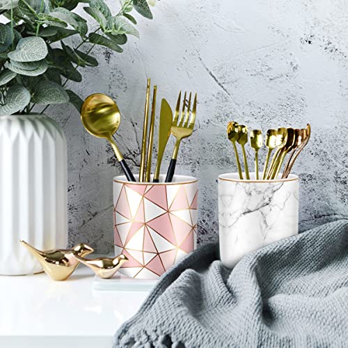 Pen Holder for Desk Cute, Modern Marble Desk Organizer, Durable Ceramic Pencil Cup, Makeup Brush Holder Cup, Multifunctional Office Stationery Holder for Women, Men, White Marble - color: White Marble 03