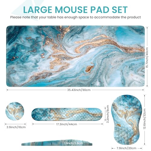Desk Mat for Keyboard and Mouse, Large Mouse Pad with Wrist Rest and Keyboard Pad, 4PCS Carpal Tunnel Keyboard Wrist Support, Computer Mousepad for Laptop, Teal Blue Turquoise Marble - color: Marble Teal Blue Turquoise Gold