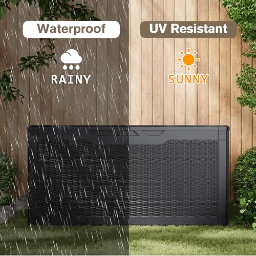 JUMMICO 100 Gallon Resin Deck Box, Waterproof Outdoor Storage Box with Lockable Lid for Garden Tools, Patio Cushions (Black) - color: Black, size: 100 gallon