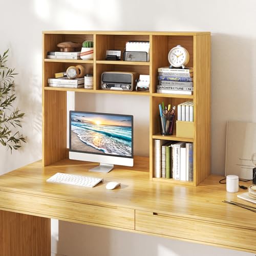 Giantex Desktop Bookshelf, Desk Hutch Dorm w/ 7 Cubes & 3 Adjustable Shelves, Desk Shelf for Up to 27" Computer Monitors, Wooden Desktop Storage Organizer for Dorm College Office Home (Burlywood) - color: Burlywood, size: 7 Shelves (31"H)