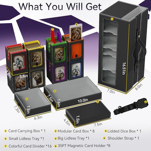 Cortile Commander Deck Box for MTG 800+ Double Sleeved Cards Storage- 11 IN 1 Trading Cards Storage Box 8-Deck Modular Card Case and 3 Dice Trays, Handle & Shoulder Strap for TCG/PTCG/EDH, Multicolour - color: Multicolour, style: 8-Deck Modular Case