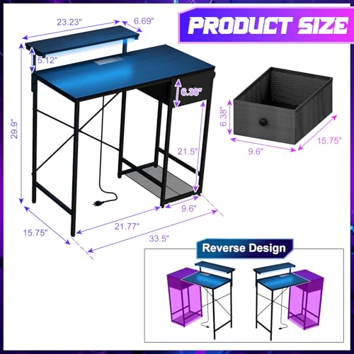 X-cosrack 33.5" Small Gaming Desk with LED Lights & Power Outlets, Compact Computer Desk with Monitor Stand & CPU Stand, Gamer Table with Storage Drawer, Side Hooks for Home Office, Bedroom, Black - size: 33.5" Black