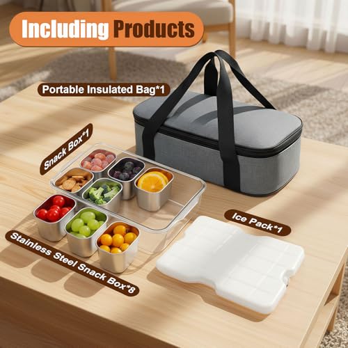 Snackle Box Container with Ice Pack, 304 Stainless Steel Divided Serving Tray, Snacklebox with Insulated Bag, 8 Compartment Platter Box with Lid and Handle for Beach, Road Trip, Boat Days, Pool Party - color: Silver White